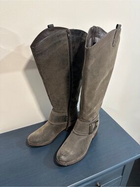 levity Tall Gray Suede Riding Boots with Buckle Detail